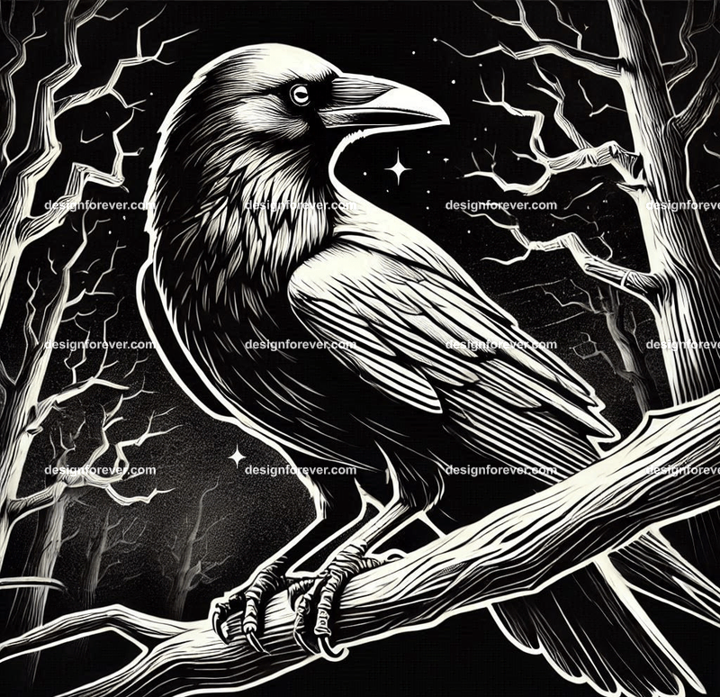 crow on a dead branch in creepy dark woods with dead trees