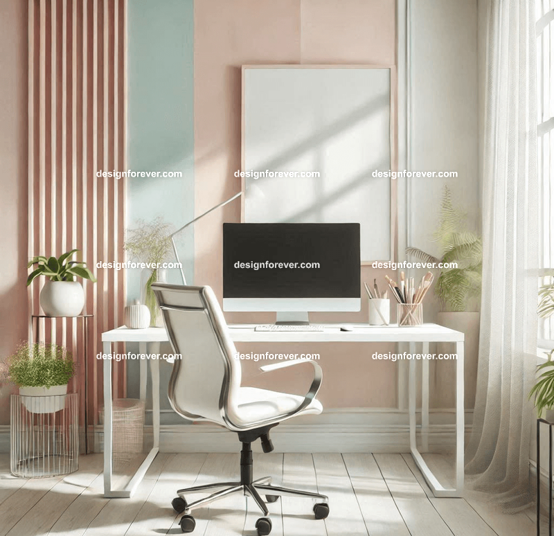 A bright, airy workspace with a white desk, an ergonomic chair, and a background featuring soft pastel tones and simple decor