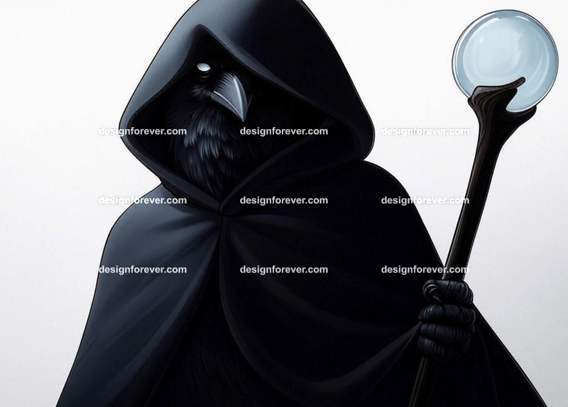 Mysterious raven in a dark hooded cloak