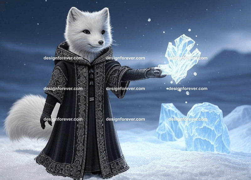 White arctic fox casting ice spells