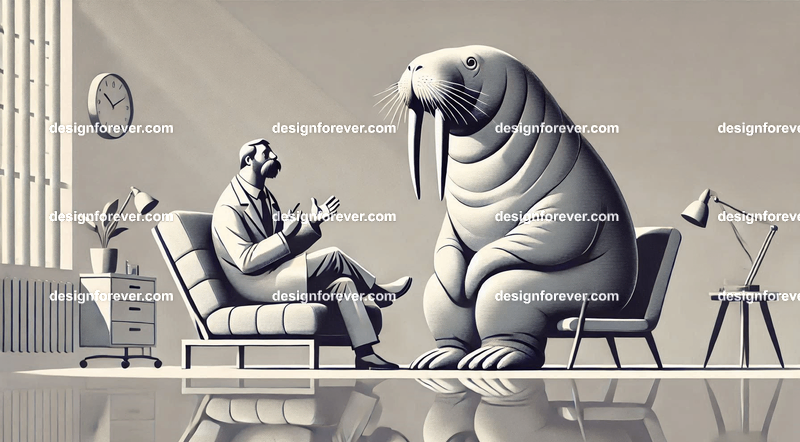 Anthropomorphs walruses as psychiatrist talking to patient on couch