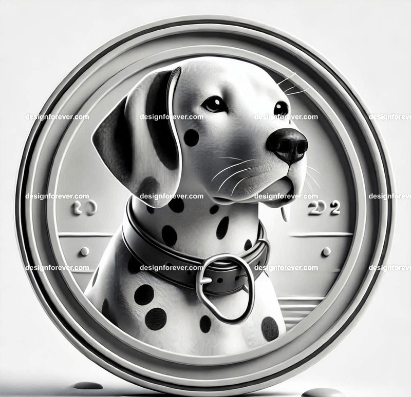 dalmation within a circular seal in pure white background
