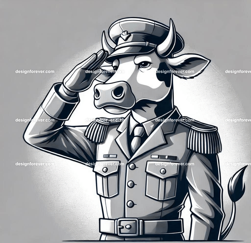 An anthropomorphic cow dressed as a military general