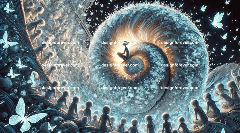 A community of fairies living inside a giant, spiraling snail shell, its surface glowing with bioluminescent patterns