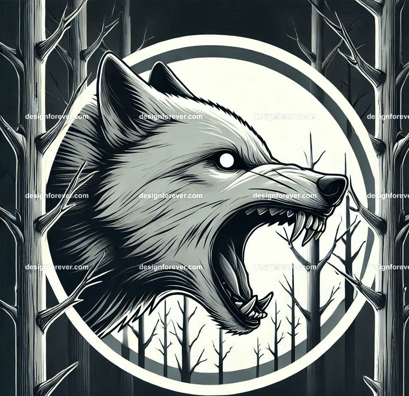 A wolf baring its teeth in a creepy forest with dead trees, barely visible except for its bright eye masked within perfect circle