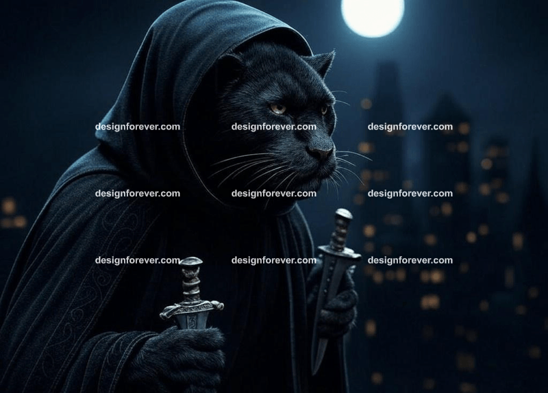 Sleek panther dressed in a dark hooded cloak