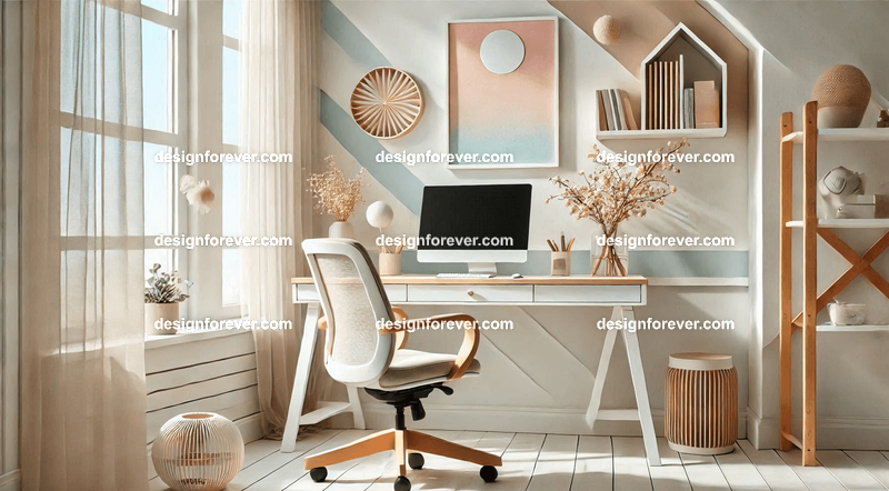 A bright, airy workspace with a white desk, an ergonomic chair, and a background featuring soft pastel tones and simple decor