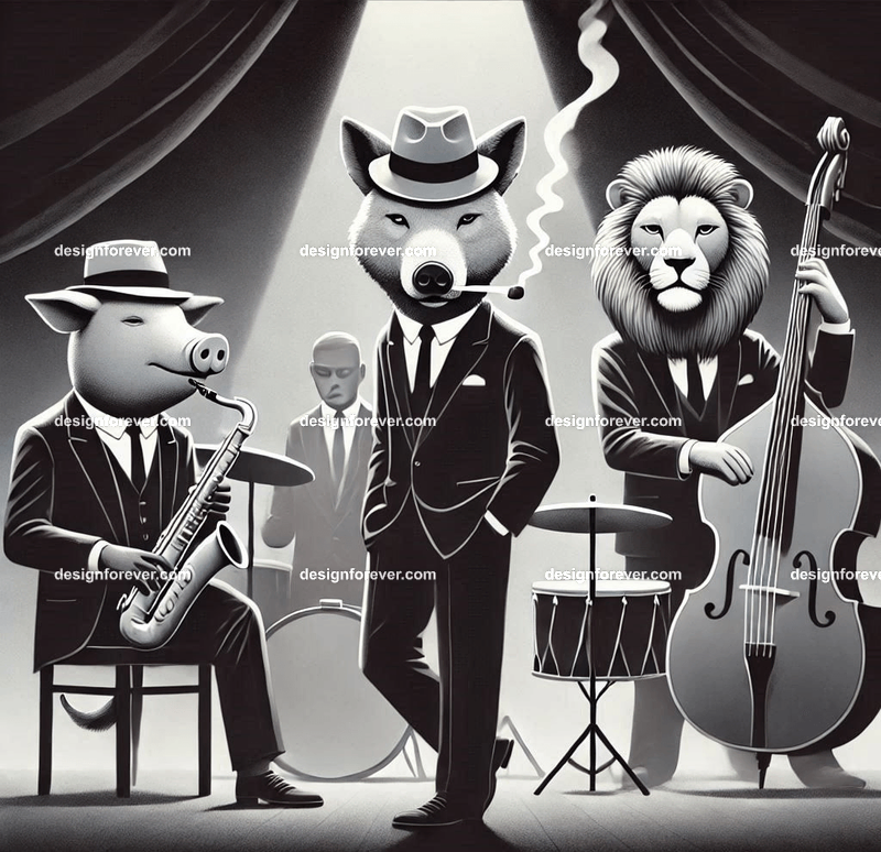 Anthropomorphs pigs and wolves and lions as 1920s jazz musicians with suits, fedoras, and instruments in dark smoky room