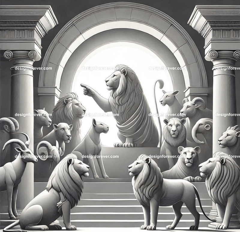 An allegorical piece where a lion king presides over a court of animals