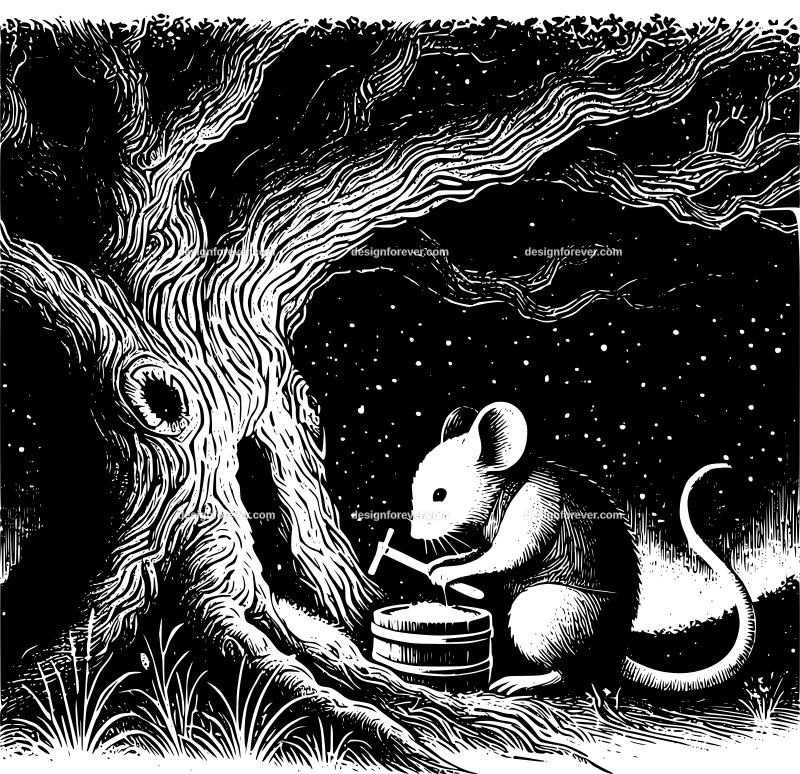 anthromorphic mouse working at night inside old oak tree