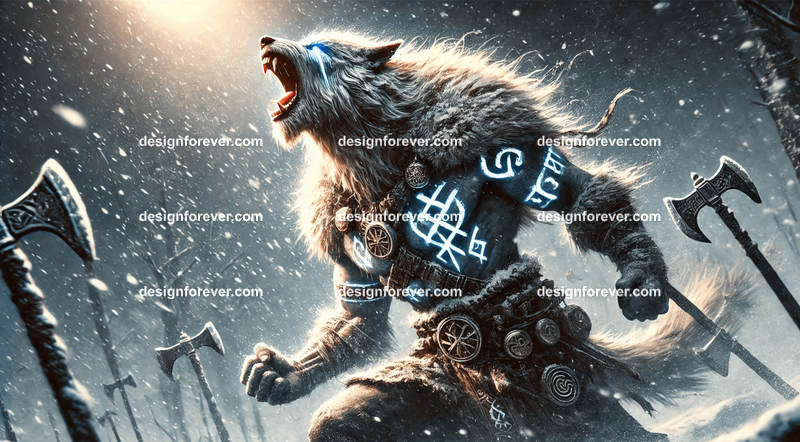 Fenrir as a Viking warrior, with battle scars and runes glowing on their fur, howling in a snowy battlefield