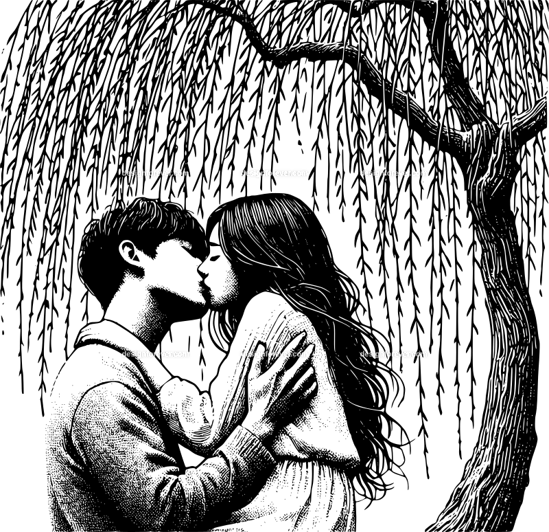 a young couple kissing under a willow tree