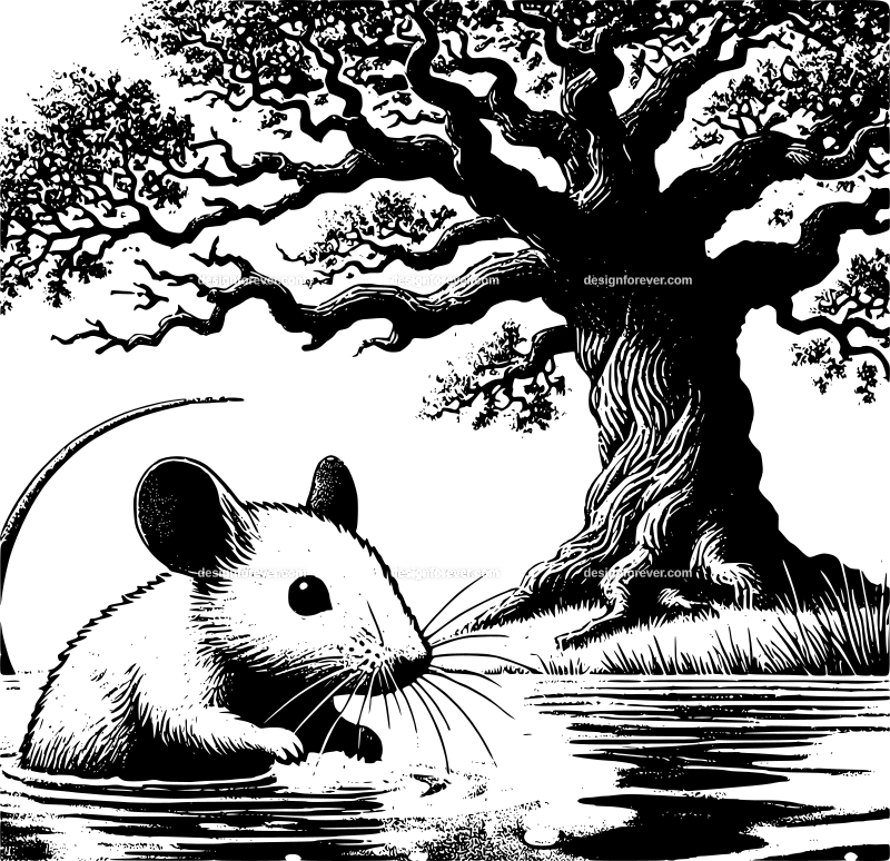 anthromorphic mouse swimming in pond next to old oak tree