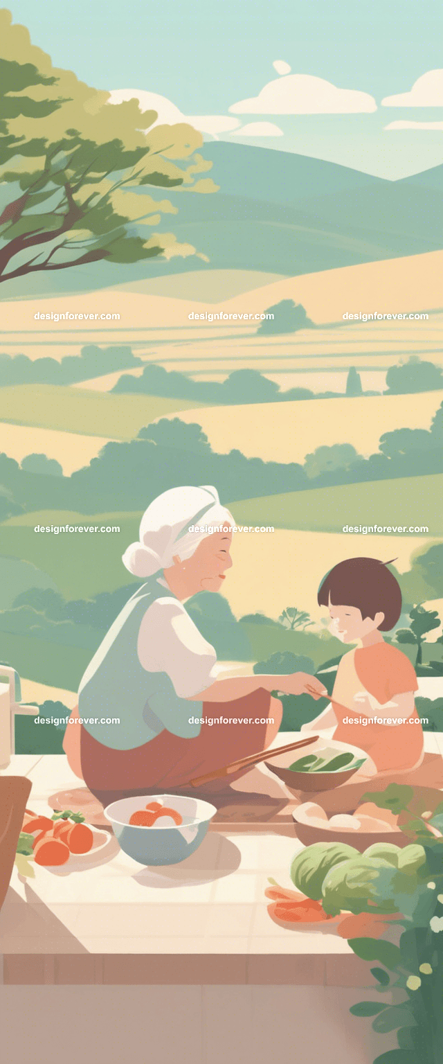 grandmother with child cooking in kitchen evening time