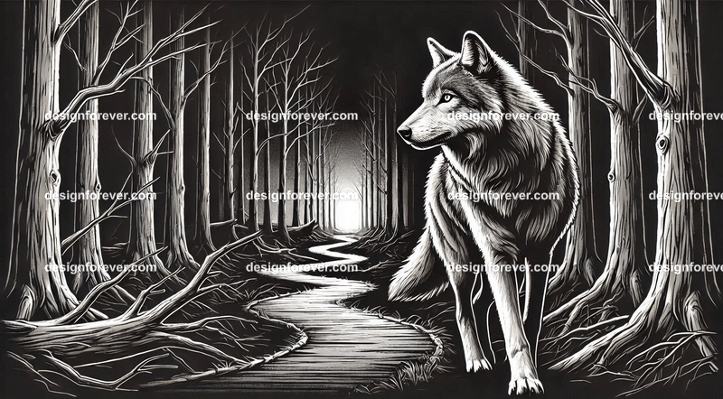 a wolf walking on a windy path in creepy dark woods with dead trees