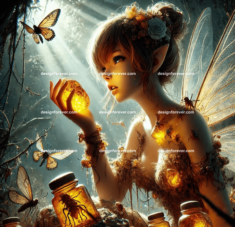 A fairy collecting ancient amber pieces, each containing trapped glowing insects, in an overgrown forest