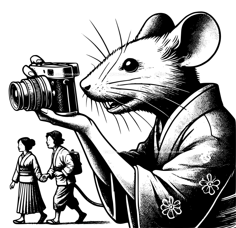 anthromorphic mouse taking photos of family