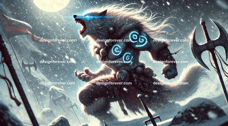Fenrir as a Viking warrior, with battle scars and runes glowing on their fur, howling in a snowy battlefield