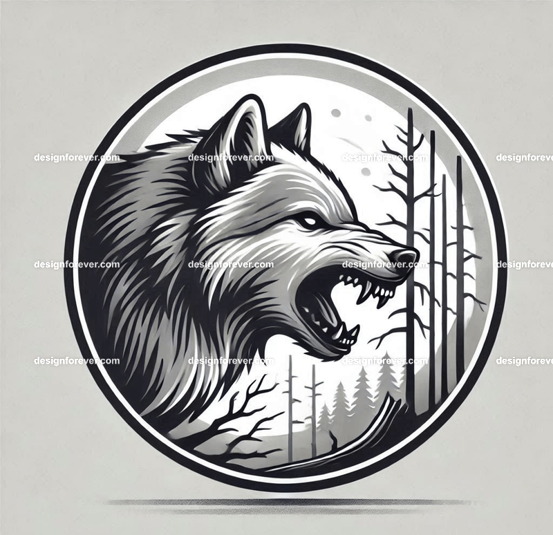 round frame depicting A wolf baring its teeth in a creepy forest with dead trees