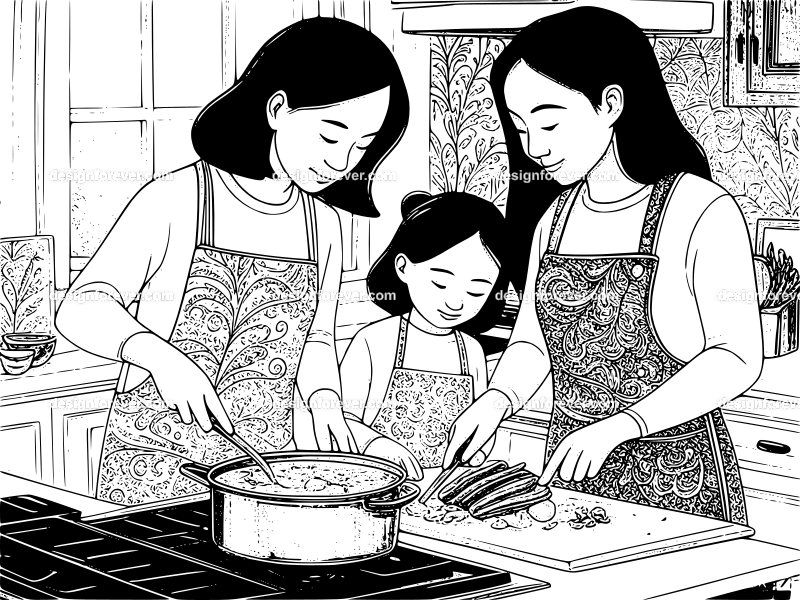 mom cooking vegetable soup in kitchen helped by daughter