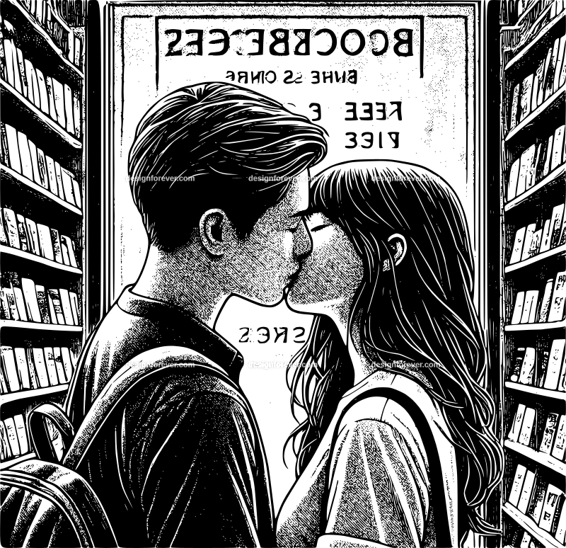 a young couple kissing in front of bookstore window