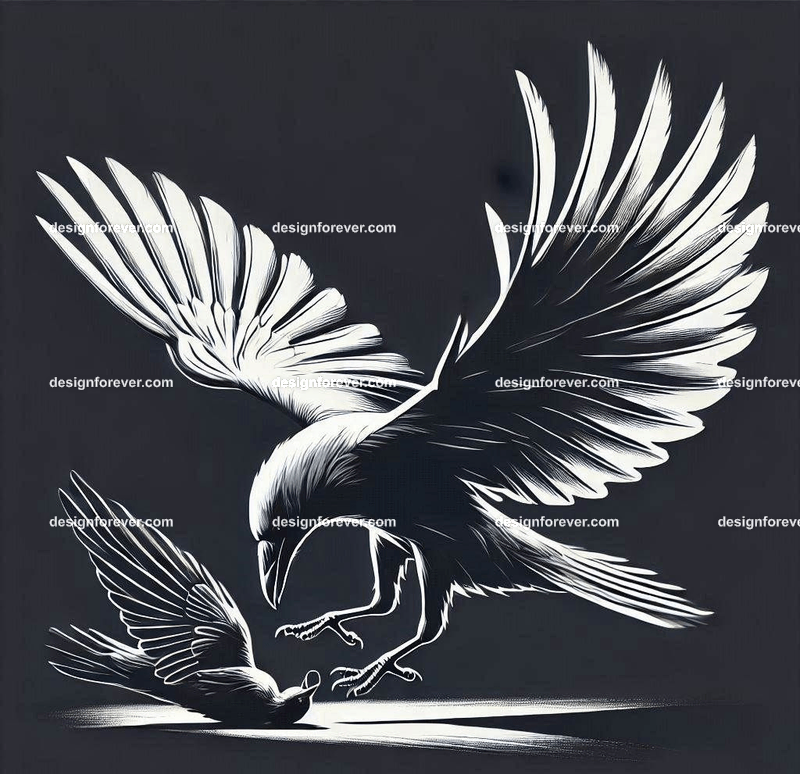 crow flying down towards its prey on ground