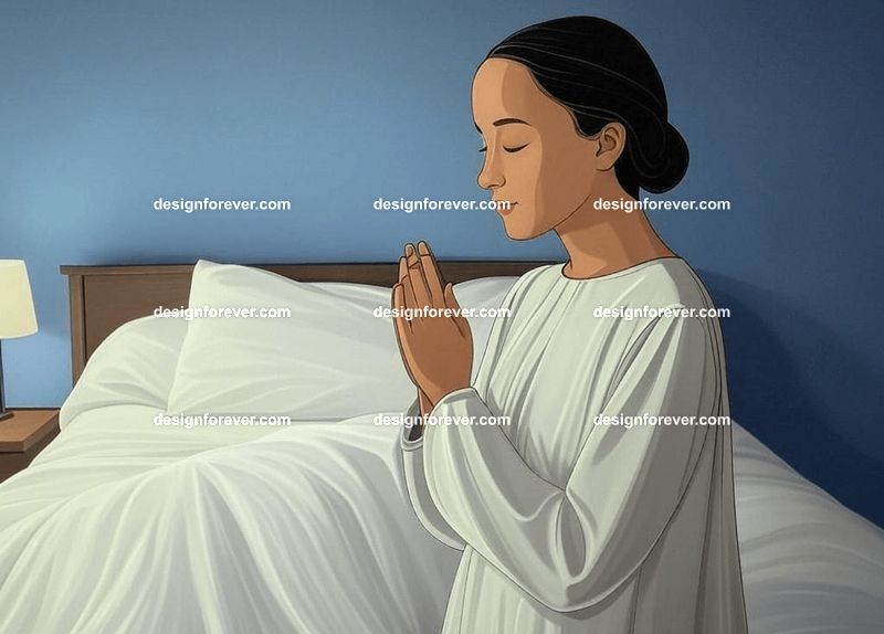 woman praying next to bed