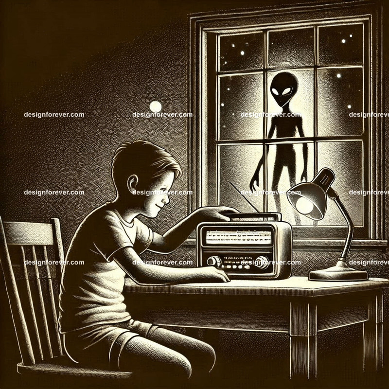boy fiddling with radio in room with table light and alien outside window
