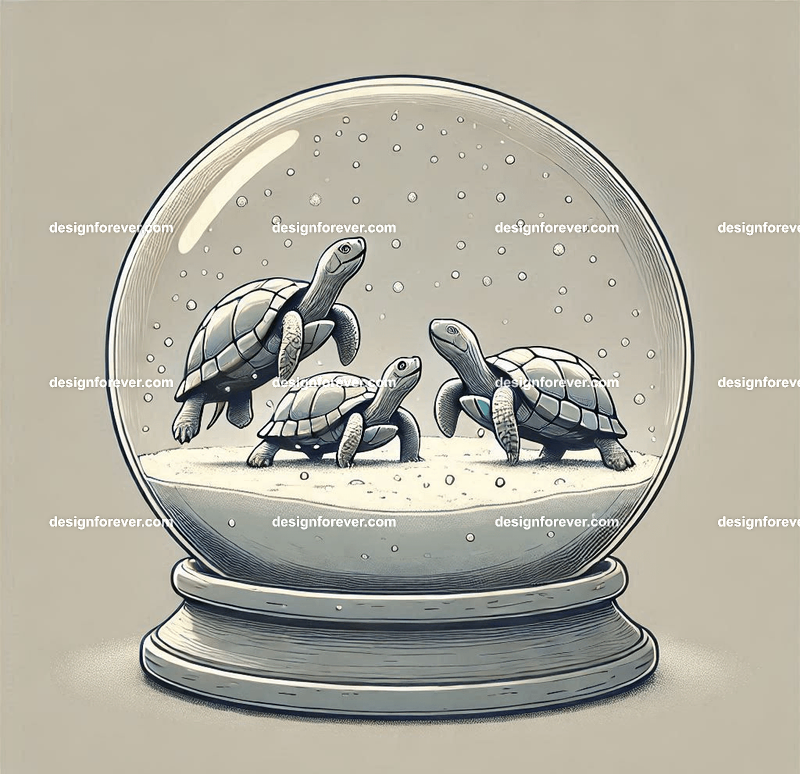 Turtles within glass bowl like a snow globe