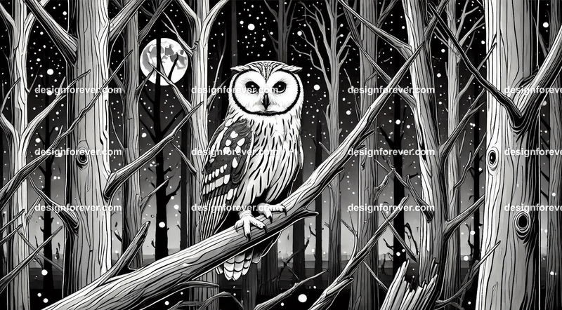 owl on a dead branch in creepy dark woods with dead trees