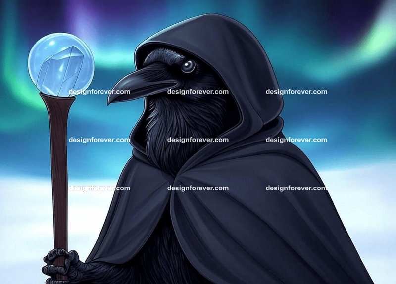 Mysterious raven in a dark hooded cloak