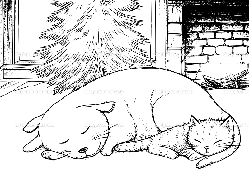 cat and dog sleeping next to xmas tree and fireplace