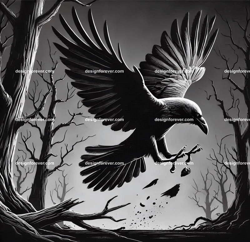 crow flying down towards its prey on ground in dark forest with dead trees