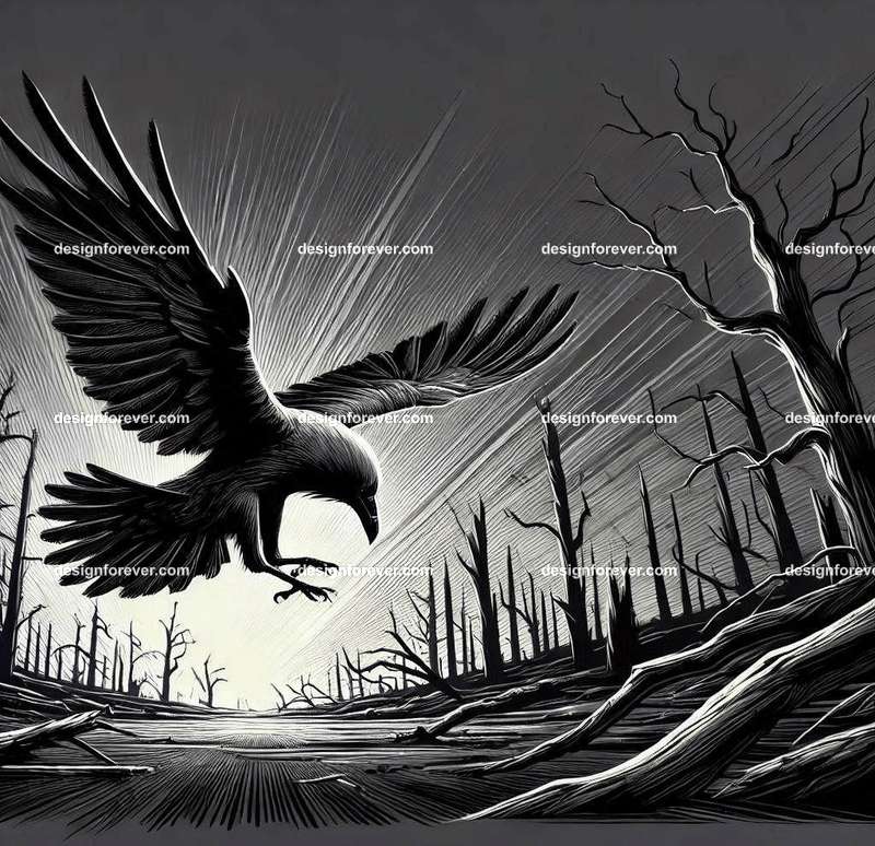 crow flying down towards its prey on ground in dark forest with dead trees