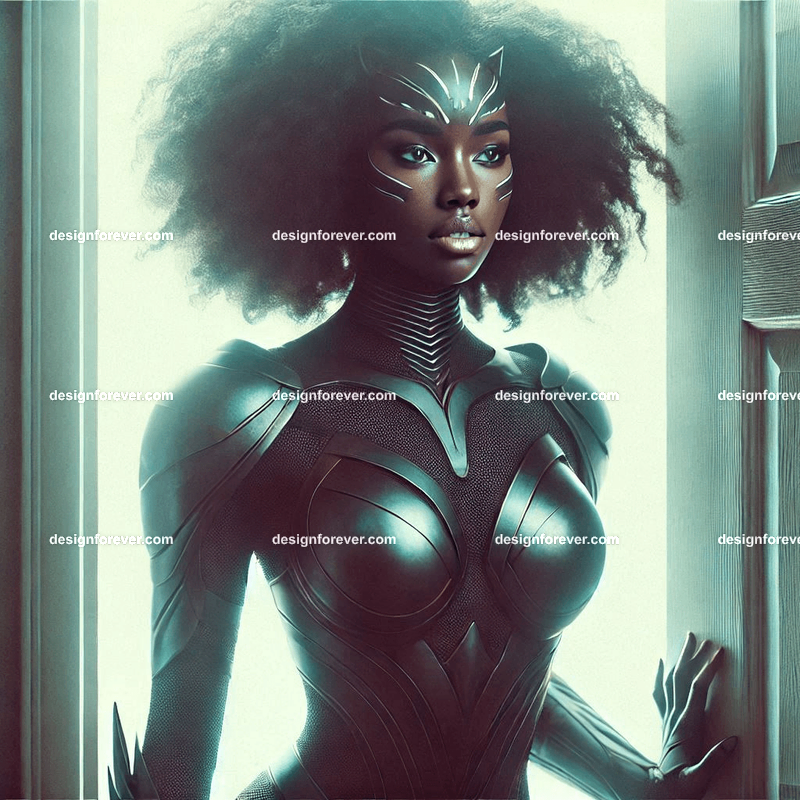 fierce woman in body suit armor at door