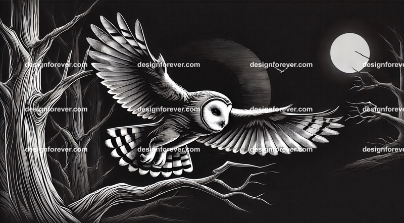 owl swooping down for prety in creepy dark woods with dead trees