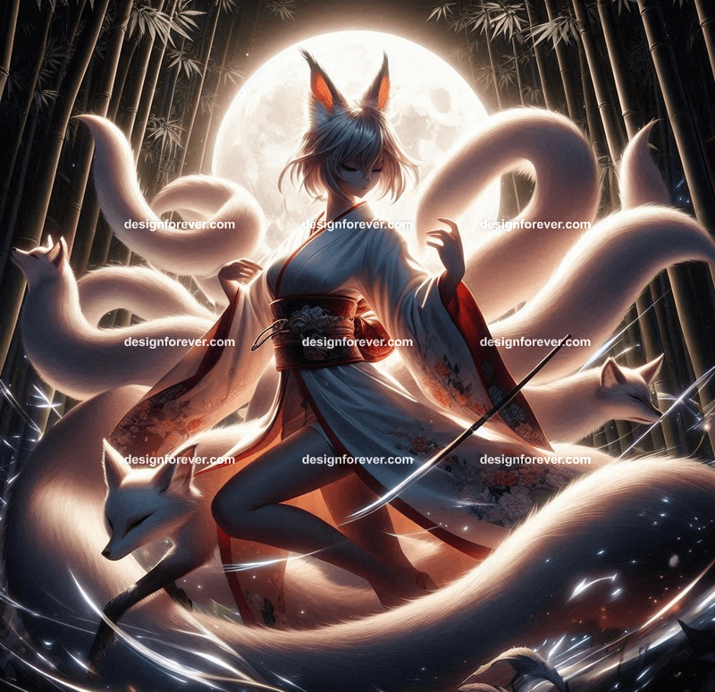 Kitsune in a silk kimono, with multiple tails glowing faintly, surrounded by mystical foxfire in moonlit forest bamboos