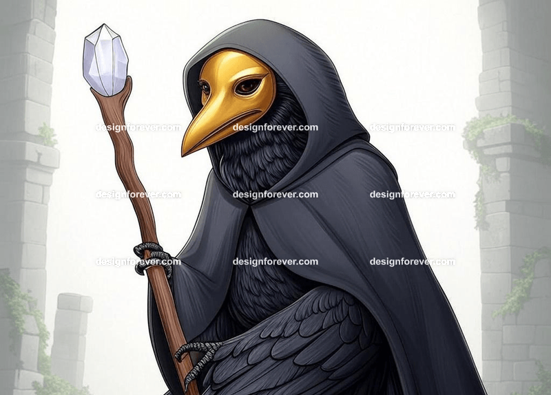 Mysterious raven in a dark hooded cloak