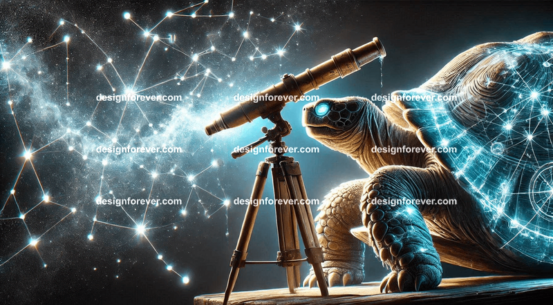 A wise old turtle with a constellation map glowing on its shell, observing the stars through a magical telescope