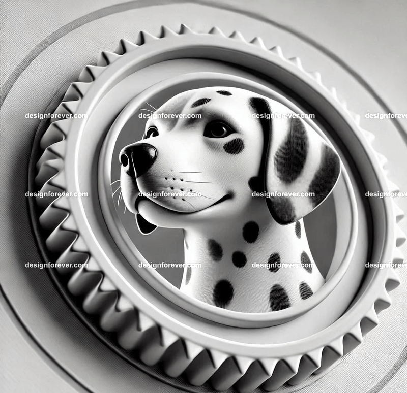 dalmation within a circular seal in pure white background