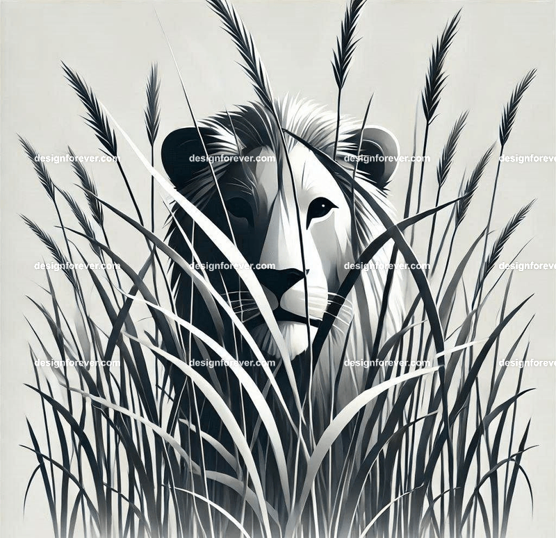 a lion hidden behind stalks of grass