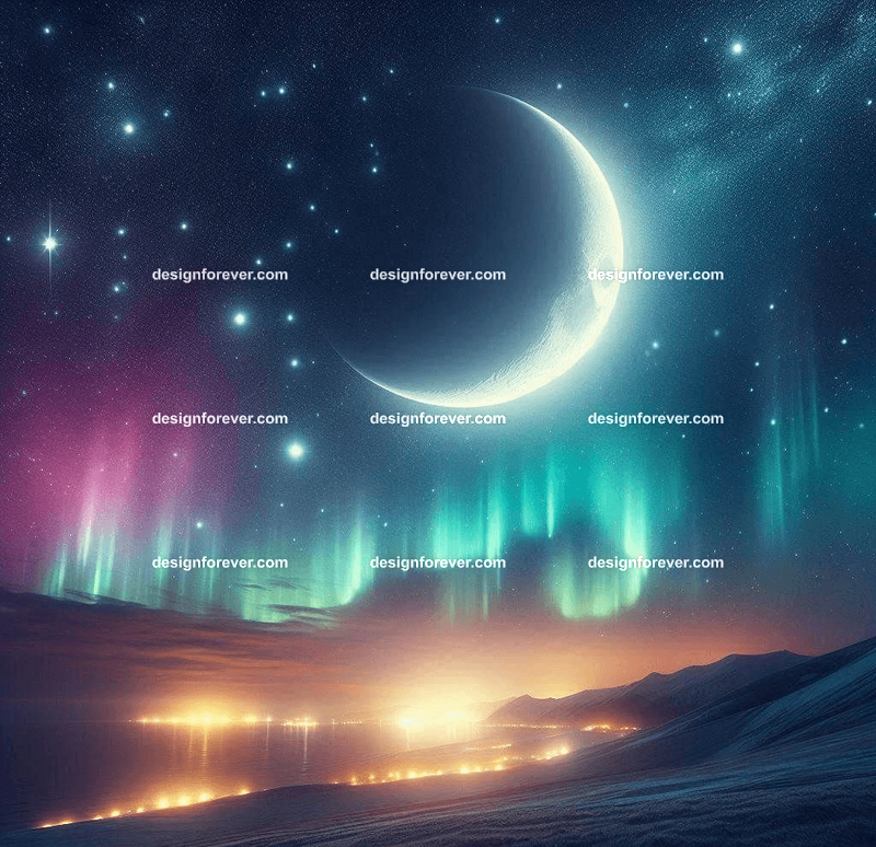A celestial nightscape with a glowing crescent moon, twinkling stars, and soft auroras