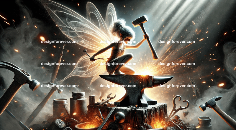"A tiny fairy hammering glowing metal on a miniature forge, surrounded by enchanted tools and glowing embers