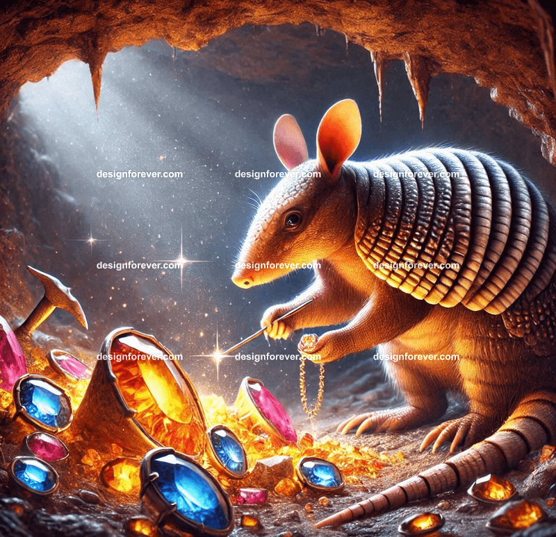 An armadillo meticulously crafting glowing gemstone jewelry in a cozy underground burrow