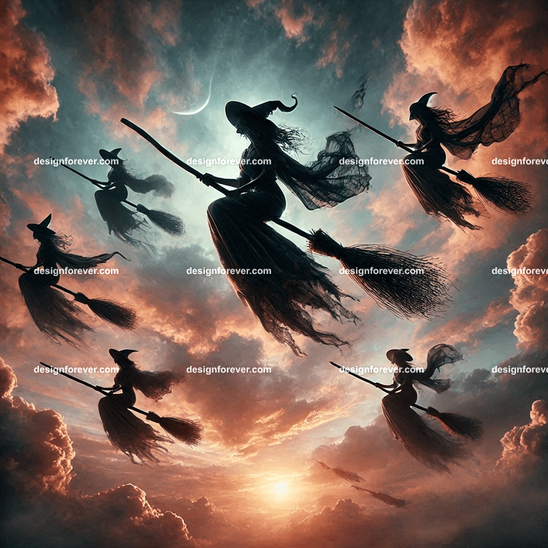flight of witches in broomsticks in the skies