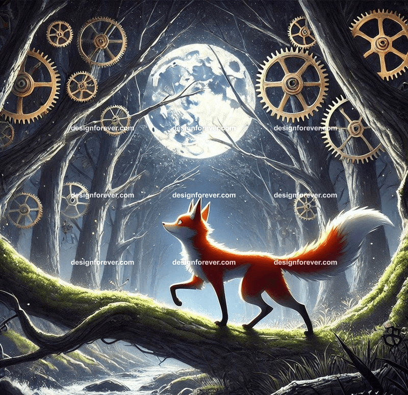 A fox navigating a forest where the trees have clockwork mechanisms, with gears glowing faintly in the moonlight