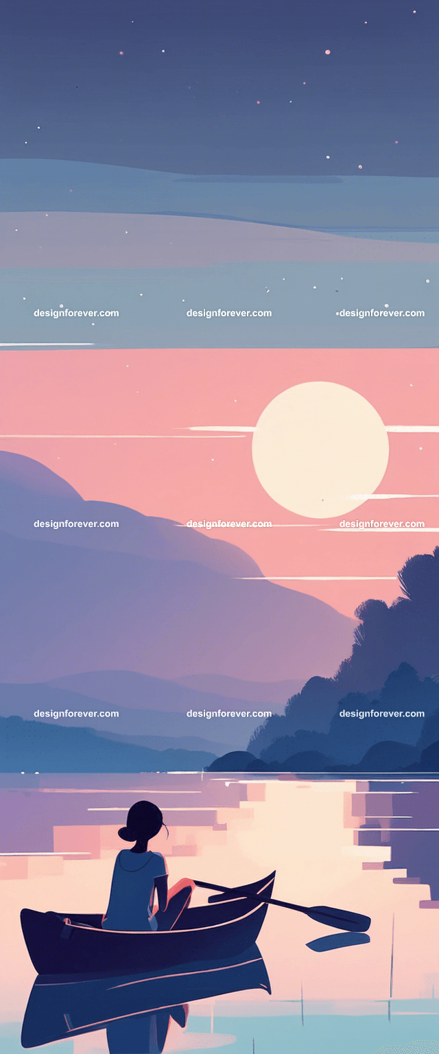 young woman on kayak on calm lake deep dark blue evening sky with stars