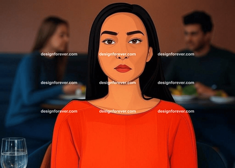woman jealous next to a couple at a restaurant