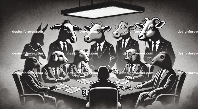 Anthropomorphs animal farm animals as senators in congressmen in dark smoky room insider trading with businessmen