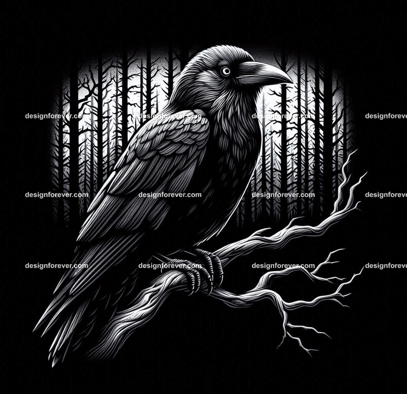 crow on a dead branch in creepy dark woods with dead trees